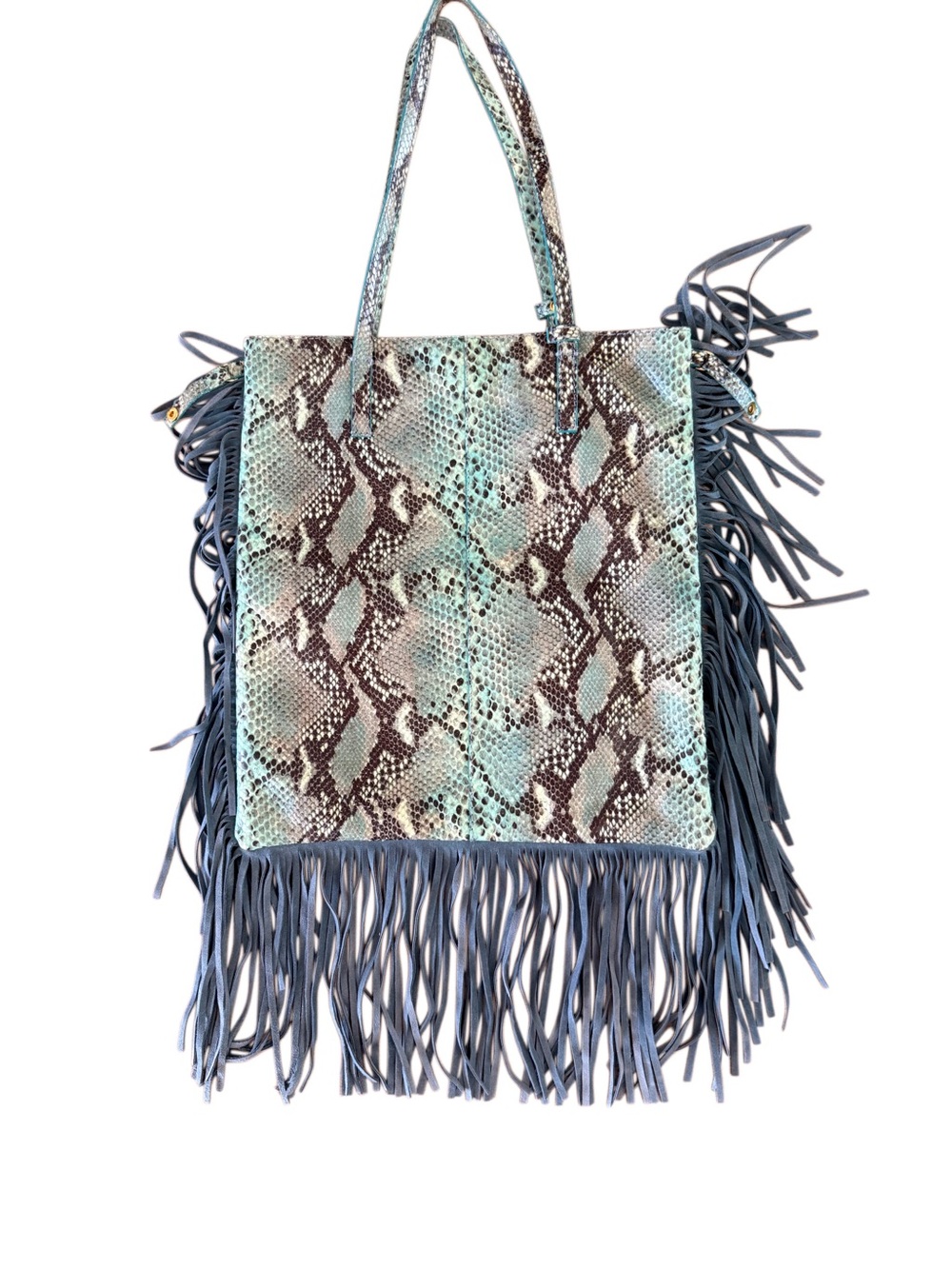 Via Republica Snakeskin and Fringe Large Shoulder Bag in Teal